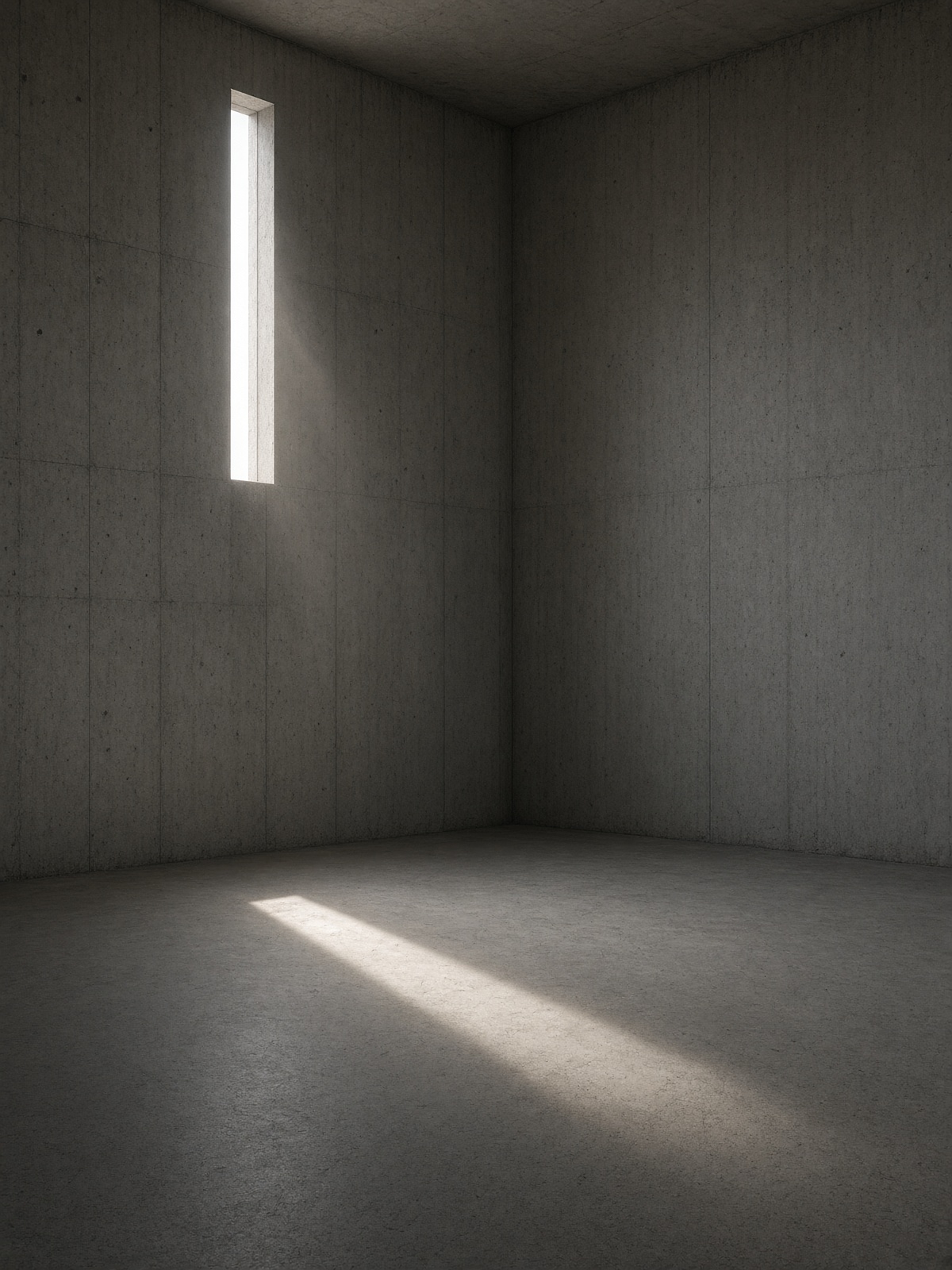Sala di calcestruzzo vuota, una feritoia di luce sulla parete sinistra. Studio visivo, 2026.